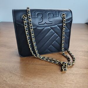 Tory Burch Black Leather Flap Crossbody with Gold Hardware